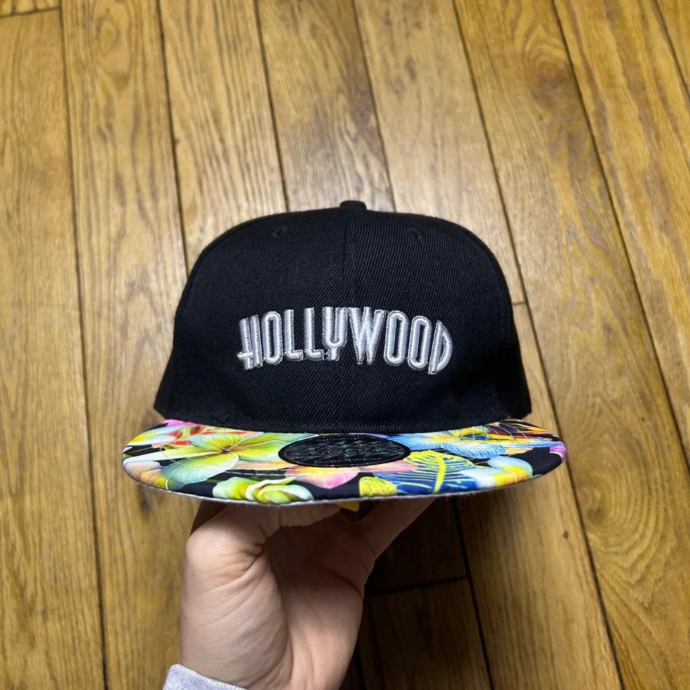 Smith Novelty Co Hollywood Snapback Hat Black Floral Tropical Flat Brim Cap